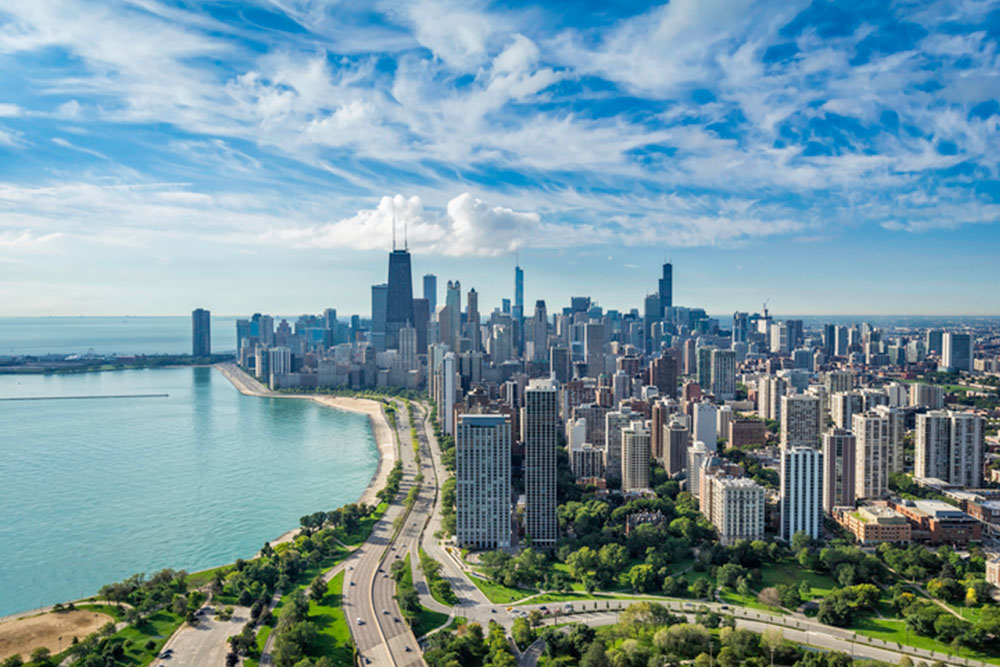 Illinois building skyline with body of water to the left